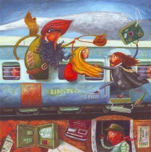 Tres personajes se asoman por las ventanas y puerta de un tren. 