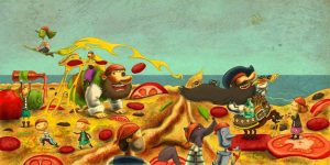 Dibujo de piratas sobre una colorida isla. 