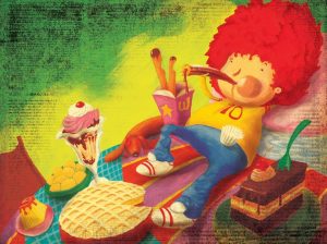 Niño dibujado de cabellera roja, acostado junto a helados y dulces. 