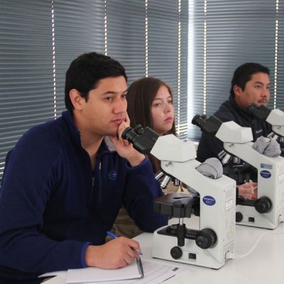 Tres asistentes junto a microscopios.