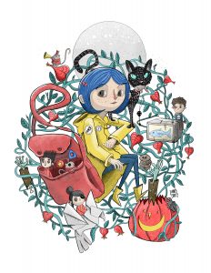Dibujo de Coraline: niña rodeada de ramas de árbol, gatos, etc. 