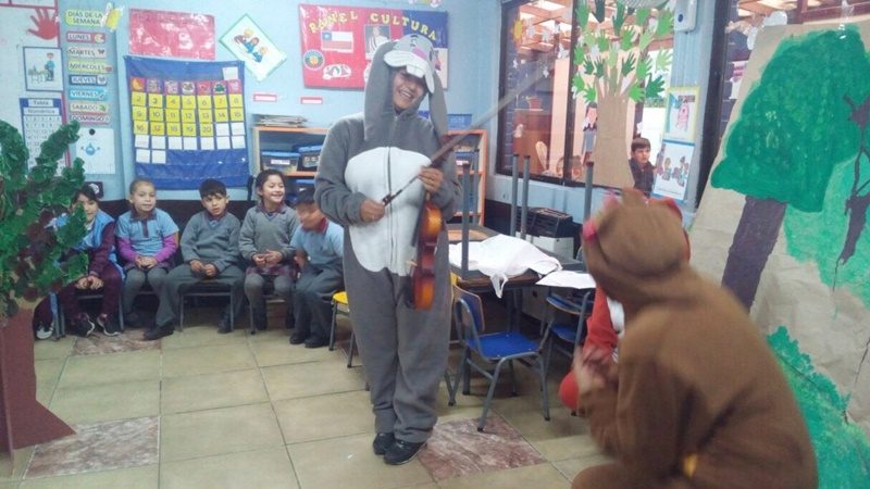 Dos estudiantes disfrazadas de conejo y oso, realizan una obra de teatro a niños y niñas en una sala de clases.